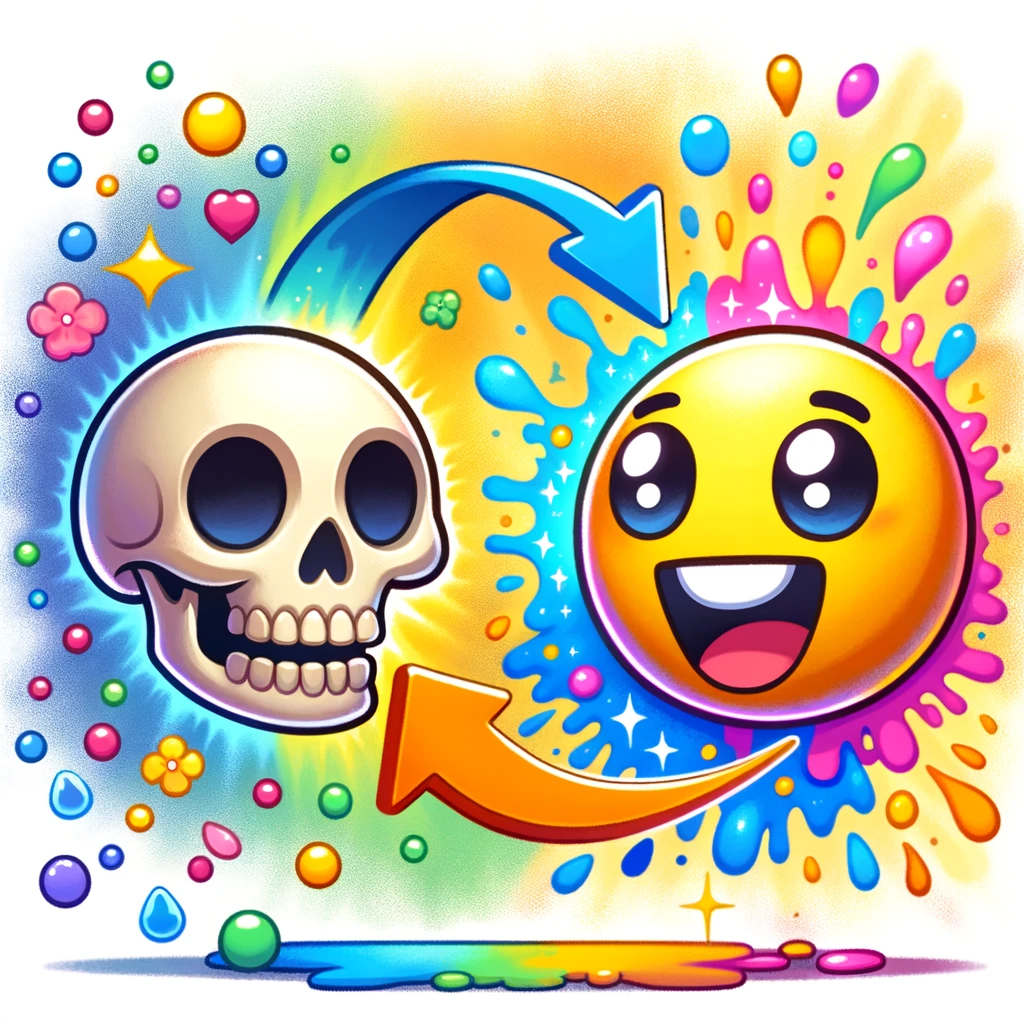 A light-hearted, cartoonish illustration of a skull emoji transitioning into a vibrant, colorful human form, symbolizing a whimsical take on resurrection. The skull emoji on the left should have a playful expression, and as it transforms into a human on the right, the human figure should be lively and full of bright, vivid colors. The transformation should appear magical and cheerful, with a splash of various colors around the transition area, giving it a fun, lively vibe. The background should be colorful and joyful to match the overall theme.