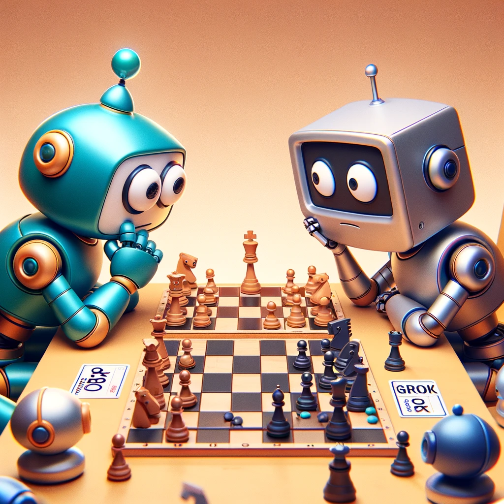 Create a humorous image depicting two AI characters playing chess, one named Groq and the other Grok. These characters should be designed as distinct, comical robots sitting across from each other at a chessboard. Groq should be slightly larger, with a brighter color scheme, and have a label or name tag clearly showing the name 'Groq'. Grok, on the other hand, should be slightly smaller, with a darker color scheme, and have a label or name tag displaying 'Grok'. Both should have exaggerated expressions of concentration and confusion. The chessboard should be nearly full, indicating a tense moment close to checkmate. The scene is cartoonish, filled with light-hearted humor, and other small robotic figures should be spectating the match, adding to the comedic environment.