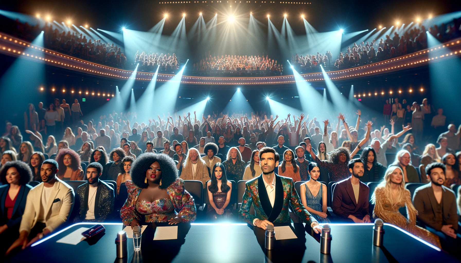 In a grand auditorium brimming with excitement, a diverse crowd is captured at the climax of a song contest similar to the X Factor or The Voice. The audience is a vibrant mix of individuals, including Caucasian, Hispanic, Black, Middle-Eastern, and South Asian men and women, all eagerly leaning forward in their seats with expressions of intense anticipation. On the stage, two announcers stand in the spotlight, one a South Asian woman and the other a Caucasian man, both dressed in glamorous stage attire fitting for a high-profile song contest. They are holding microphones, and their body language exudes a theatrical suspense, echoing the style of famous song contests, complete with a dramatic pause before announcing the winner. Behind them, the stage is adorned with dazzling lights, and a large screen displays the iconic words 'And the winner is...' with the title of the show emblazoned above. The stage is set for a momentous reveal, and the crowd's attention is fixated on the announcers, waiting for the name that will crown the next singing sensation.