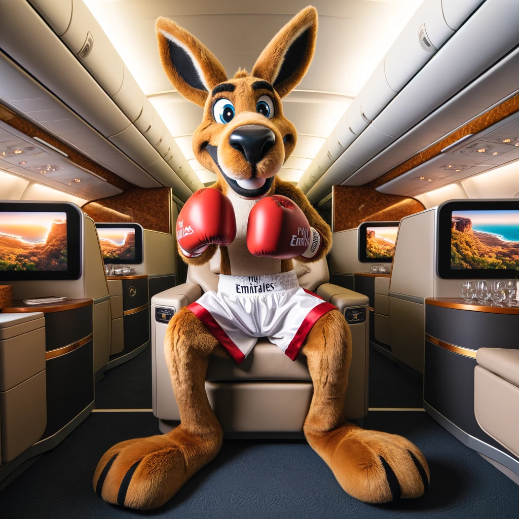 A boxing kangaroo character in a first-class suite on an Emirates A380 airplane. The setting includes luxurious amenities, a comfortable seat, and an upscale atmosphere. The kangaroo, dressed in boxing attire, embodies a blend of playful athleticism and luxury travel.