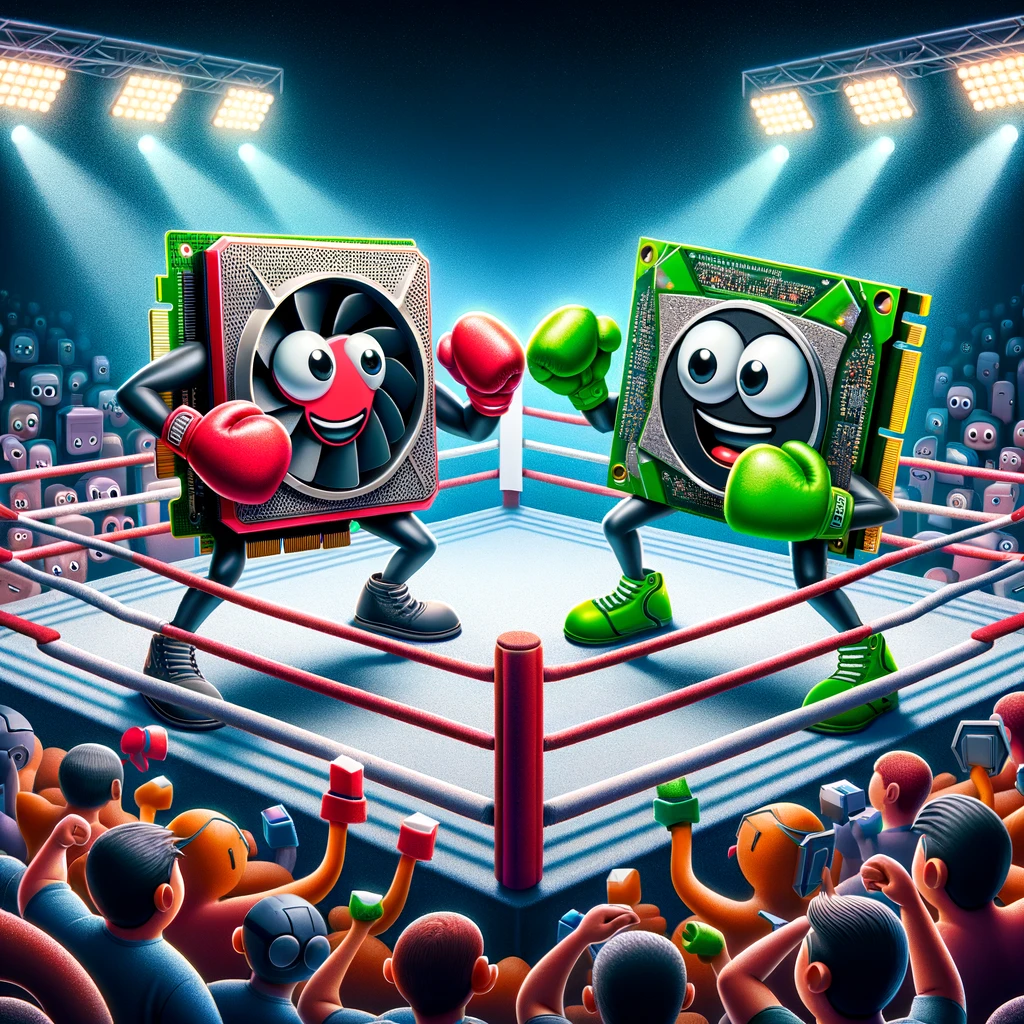 In a vibrant and comical setting, two old anthropomorphic GPUs, one representing ATI and the other representing Nvidia, are engaged in a playful fight inside a boxing ring. The ATI GPU, depicted with a red color scheme, and the Nvidia GPU, characterized by a green color scheme, are wearing boxing gloves. The ring is surrounded by an excited crowd of various computer components like RAM sticks and hard drives, cheering them on. Bright lights shine down on the ring, highlighting the humorous action.