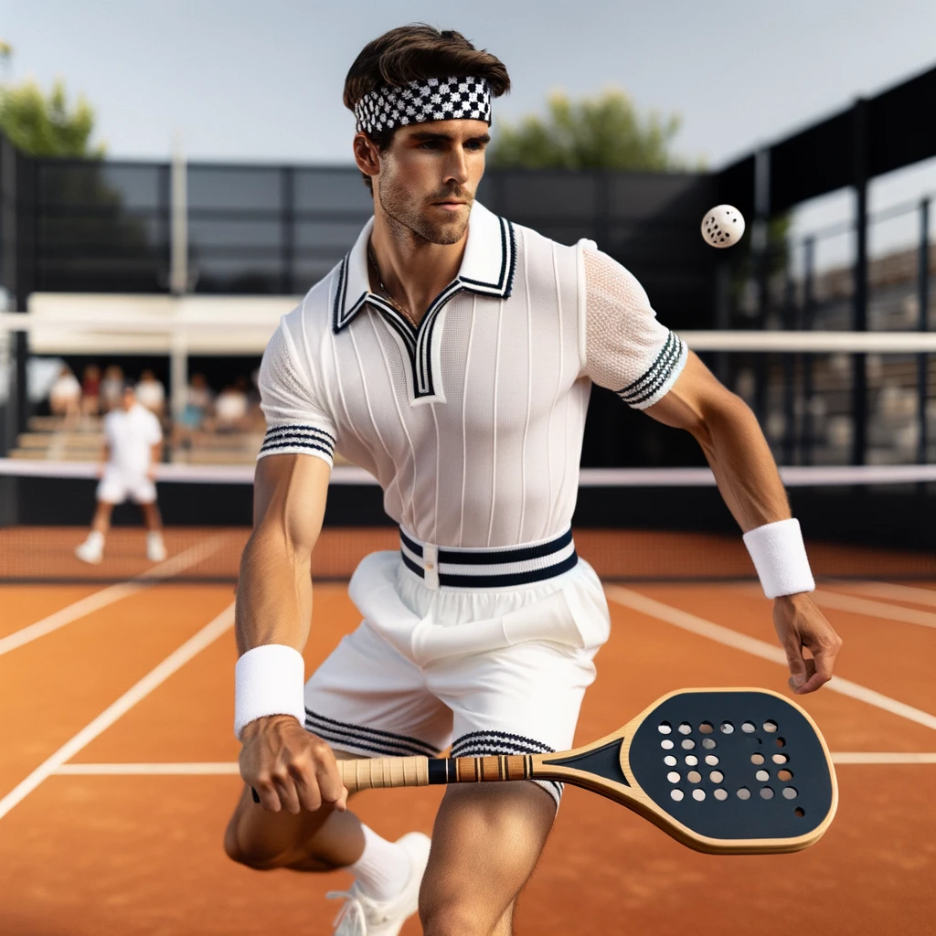 Photo of a male tennis player in classic all-white Wimbledon attire, complemented with a black and white checkered headband, playing Padel (Pickleball). The player is on a Padel court, energetically returning a shot with a Padel racket.