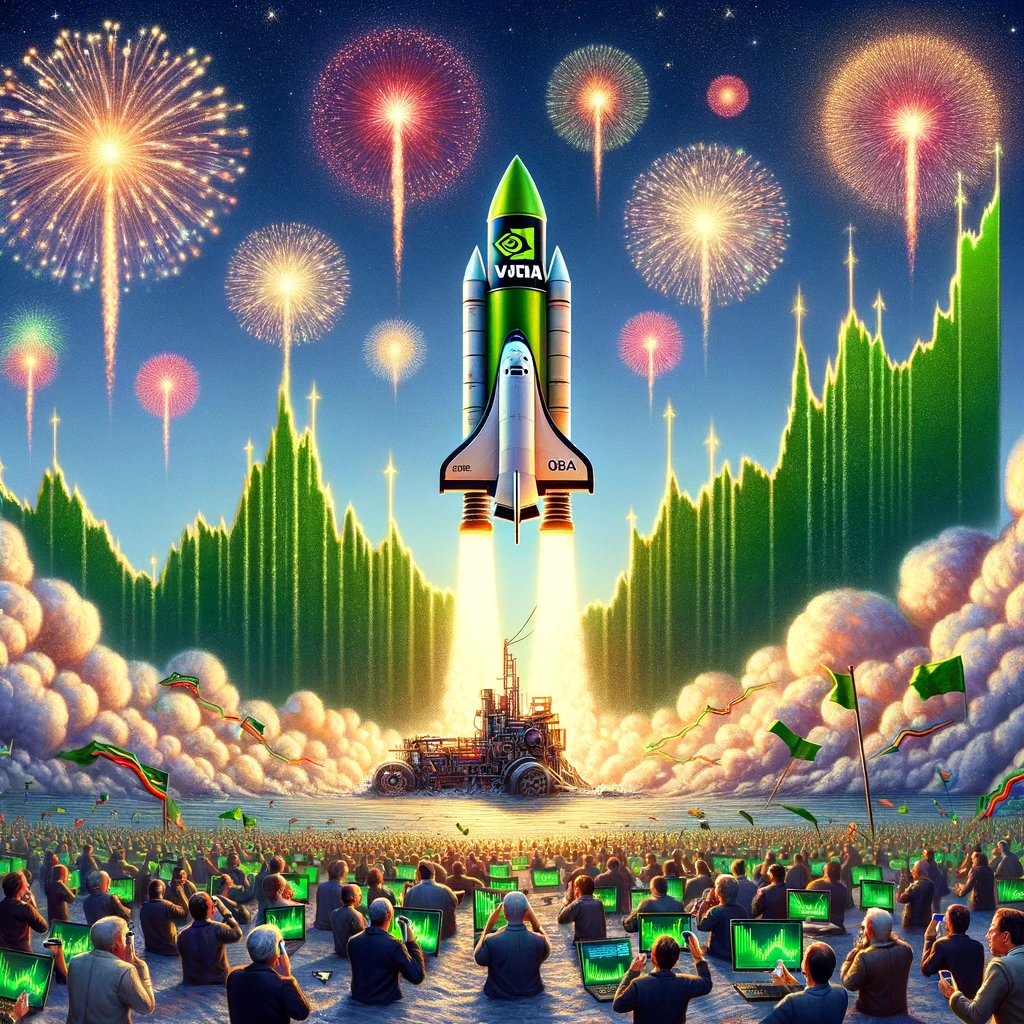 Create a satirical image that represents the company Nvidia and its rapidly rising stock values. Imagine a whimsical scene where a rocket ship, emblazoned with the Nvidia logo, soars high into the sky amidst a backdrop of exploding fireworks that resemble stock charts showing sharp upward trends. The ground below is dotted with tiny, awestruck figures of investors and traders, their eyes glued to handheld devices displaying green, upward-pointing arrows. The scene is exaggerated to emphasize the dramatic and swift rise in Nvidia's stock value, incorporating elements of humor and hyperbole to convey the excitement and frenzy around the company's financial performance.