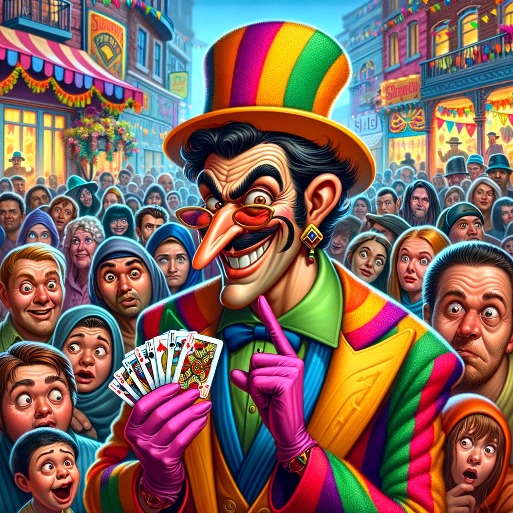 A comical and colorful scene of a shifty, sneaky person trying to trick a crowd of people. The trickster is wearing a flamboyant, multicolored suit, with a sly grin and exaggerated sneaky expressions, holding a deck of cards in one hand and a magic wand in the other. The crowd consists of diverse people, with a mix of surprised, amused, and skeptical expressions. The background is a vibrant street scene, with colorful buildings, street performers, and lively decorations, adding to the whimsical and entertaining atmosphere of the scene.